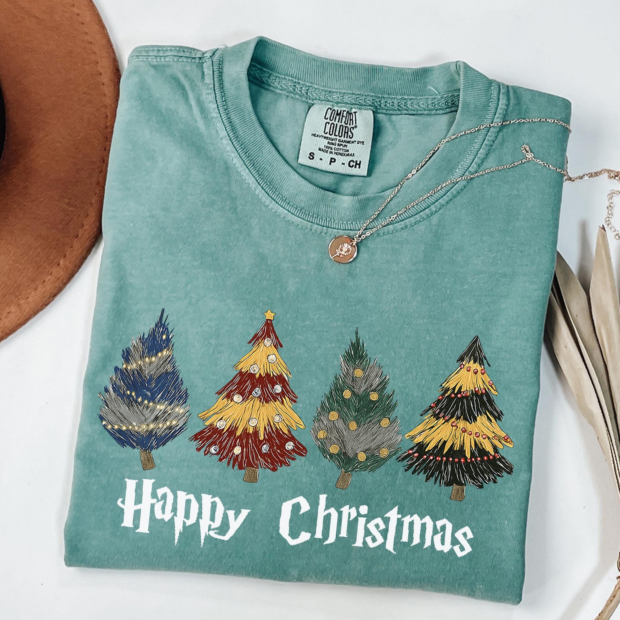 Comfort Colors® 1717 Christmas Tree T-shirt for Women & Men, Unisex Garment-Dyed HP Wizard Houses Tee, Happy Christmas Wizard Trees Outfit, Magical Holiday Gift