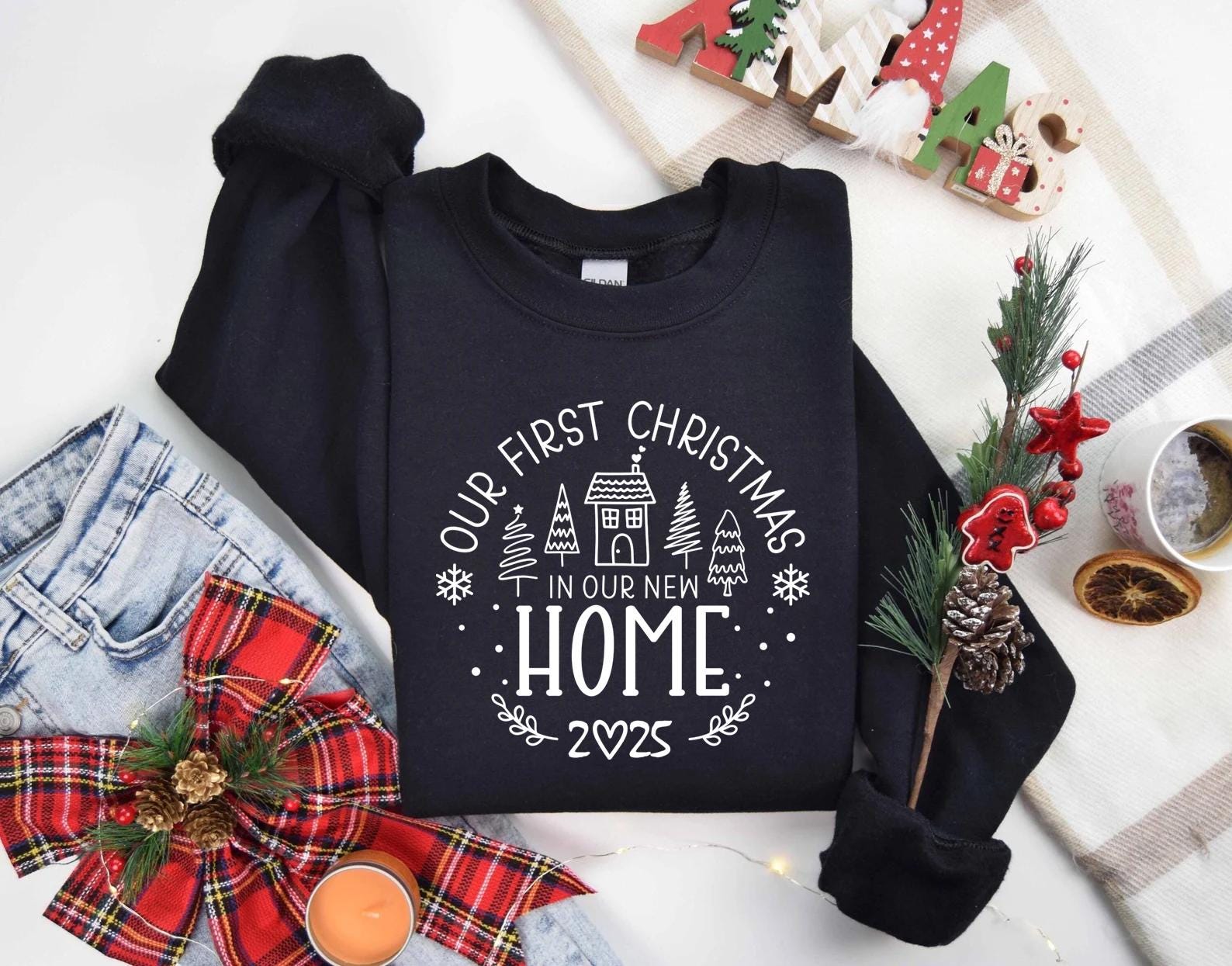 First Christmas in Our New Home Gildan 18000 Sweatshirts, Family Holiday Shirt, New House Gift, Printify Choice, Matching Set for Couples, Cozy Winter Outfit