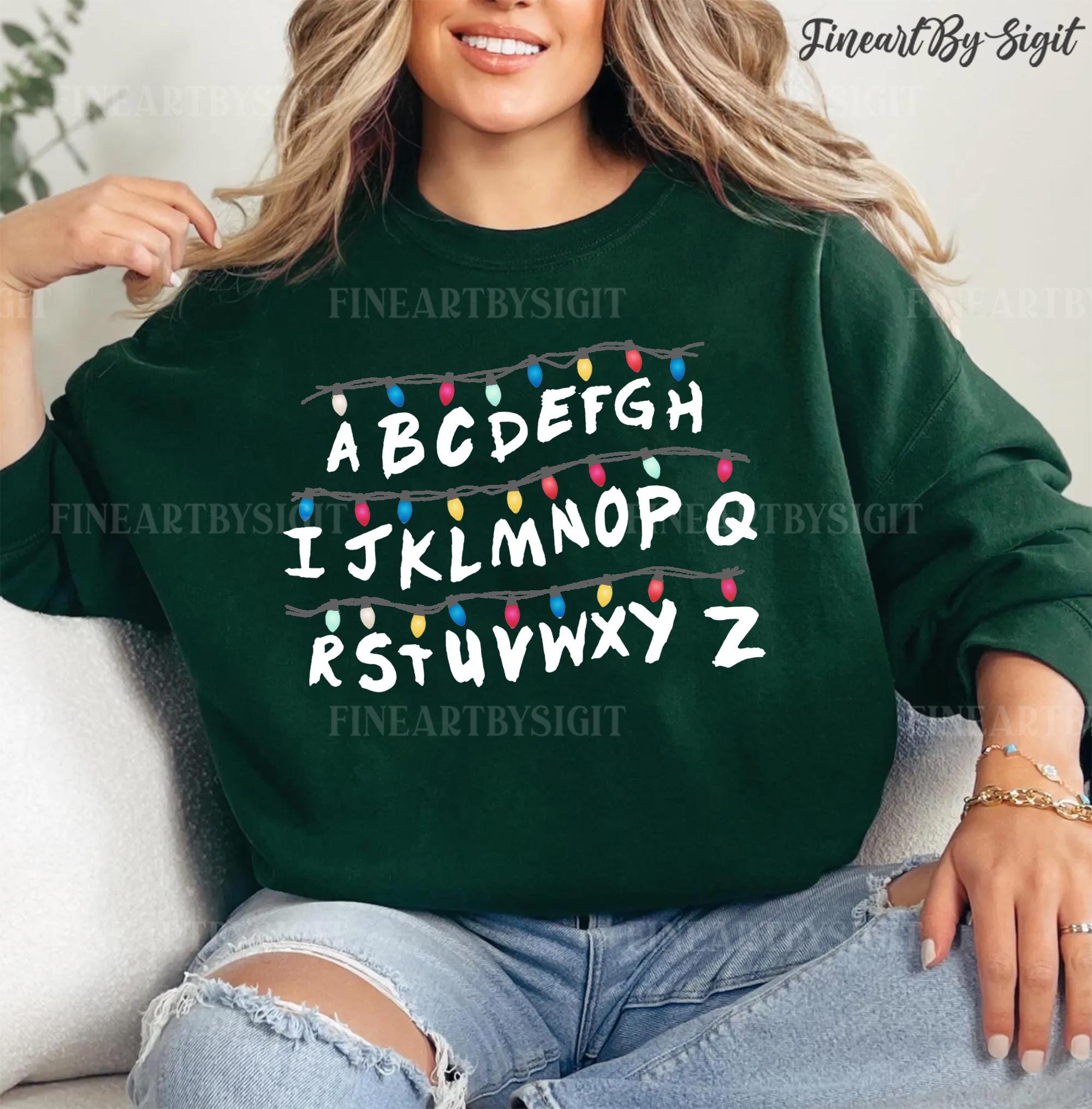 Comfort Colors® 1566 Unisex Garment-Dyed Alphabet Christmas Sweatshirt, Cozy Gift for Men & Women, Perfect Holiday Outfit, Stranger Things Aesthetic