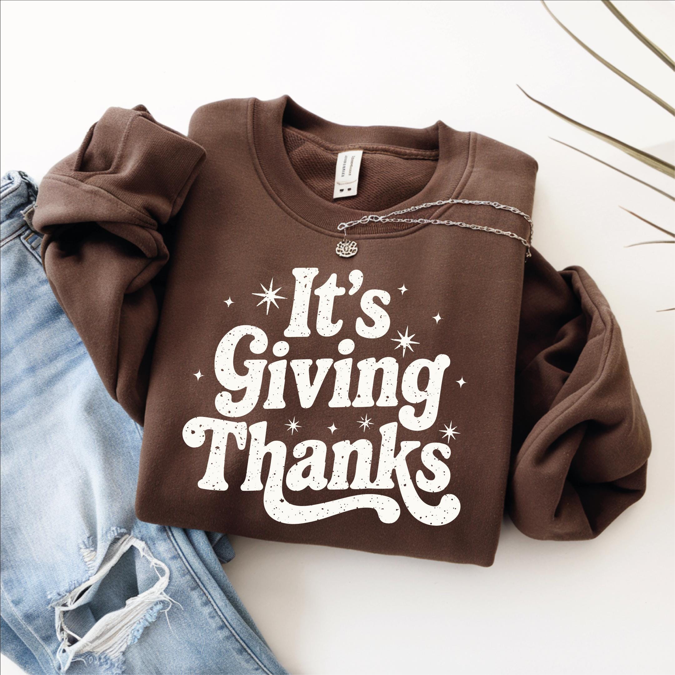 It's Giving Thanks Sweatshirt: Brown Fall Thanksgiving Hoodie for Gen Z - Gildan 18000 Printify Choice, Perfect Aesthetic Outfit for Women, Viral Holiday Gift Idea