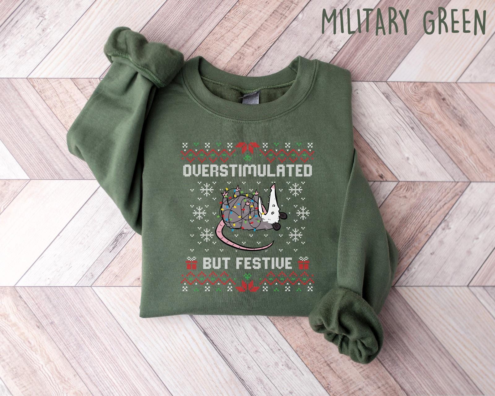 Overstimulated But Festive Possum Gildan 18000 Sweatshirt, Funny Christmas Gift, Unisex Holiday Outfit, Cozy Durable Printify Choice