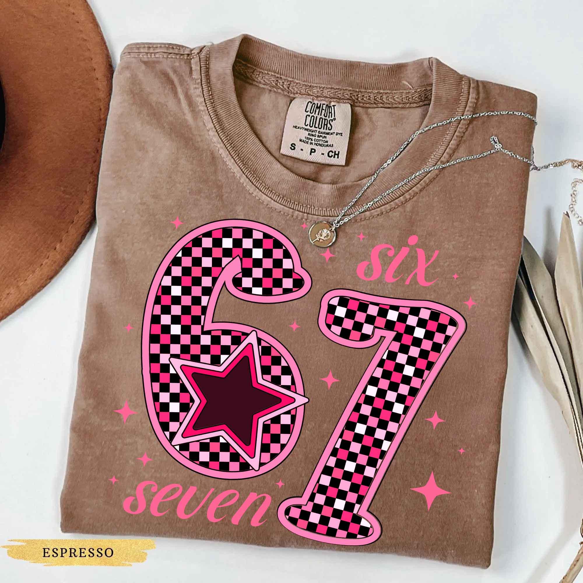 Pink 67 Meme Shirt, Comfort Colors® 1717 Unisex Garment-Dyed T-shirt, Six Seven Trend Tee for Women, Funny Viral Number Sweatshirt, Colorful Retro Gen Z Aesthetic, Cozy Fall Outfit Gift