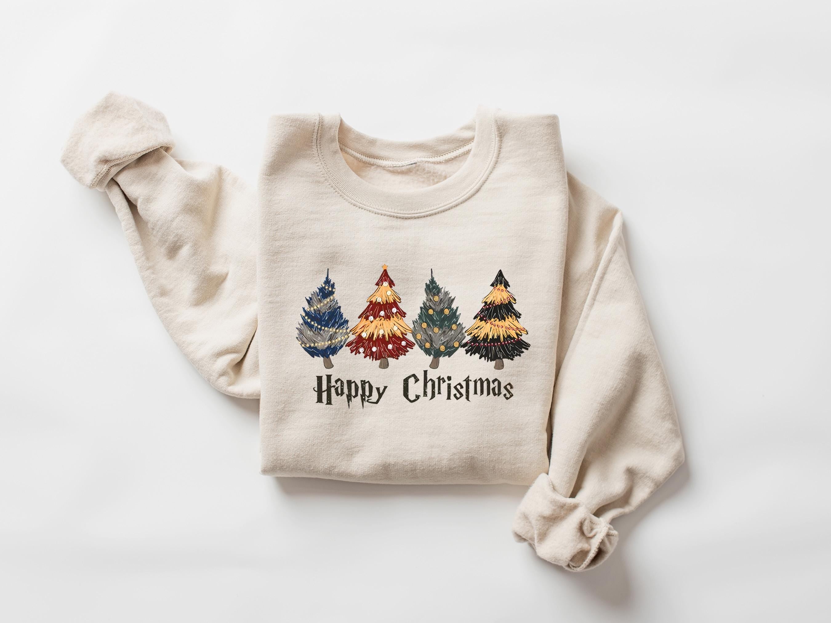 Gildan 18000 Christmas Tree Shirt for Women - Cozy Printify Choice Wizard Houses Sweatshirt, Perfect Happy Christmas Gift, Magical Pine Trees Aesthetic Outfit