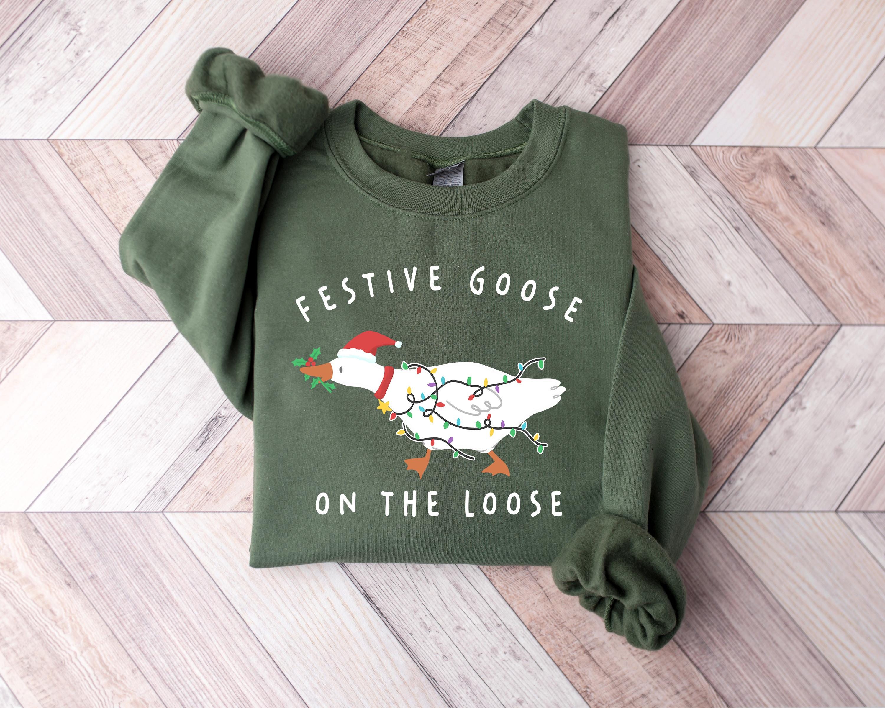 Festive Goose Gildan 18000 Sweatshirt for Women, Funny Xmas Gift, Printify Choice Cozy Holiday Outfit