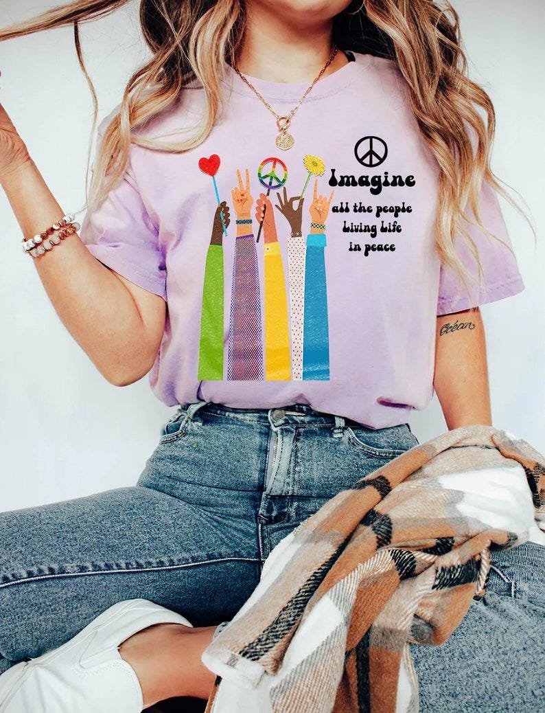 Imagine All The People Tee - Gildan 5000 Unisex Heavy Cotton for Hippie Aesthetic, John Lennon Beatles Gift, Printify Choice, Perfect Fall Outfit