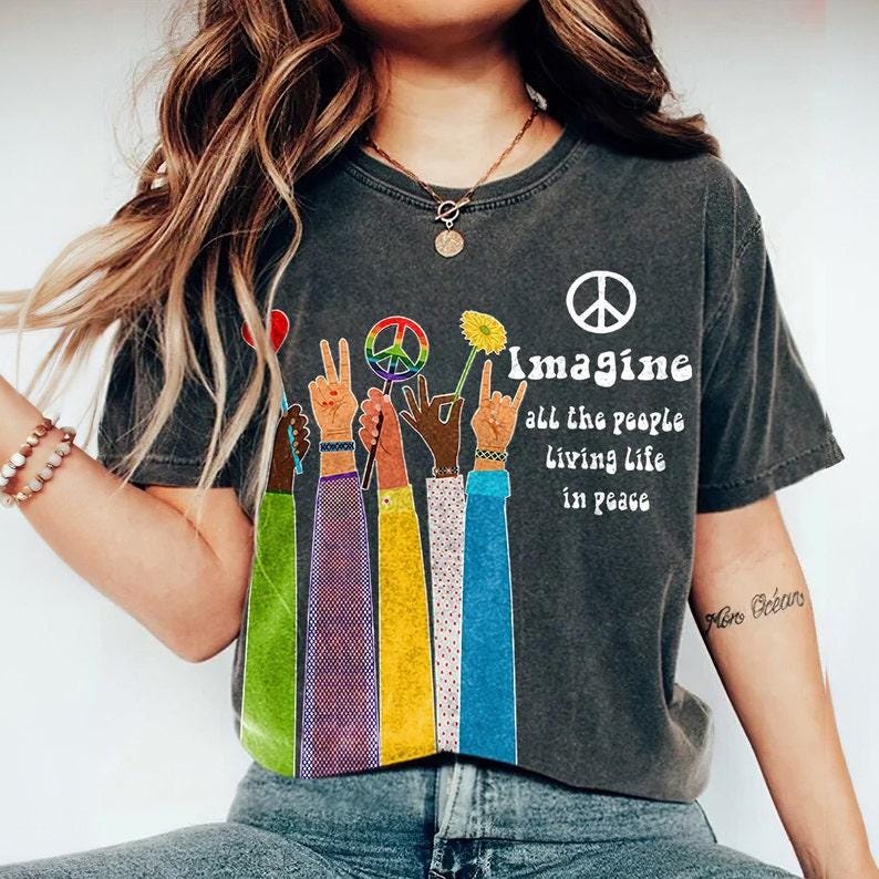 Imagine All The People Tee - Gildan 5000 Unisex Heavy Cotton for Hippie Aesthetic, John Lennon Beatles Gift, Printify Choice, Perfect Fall Outfit