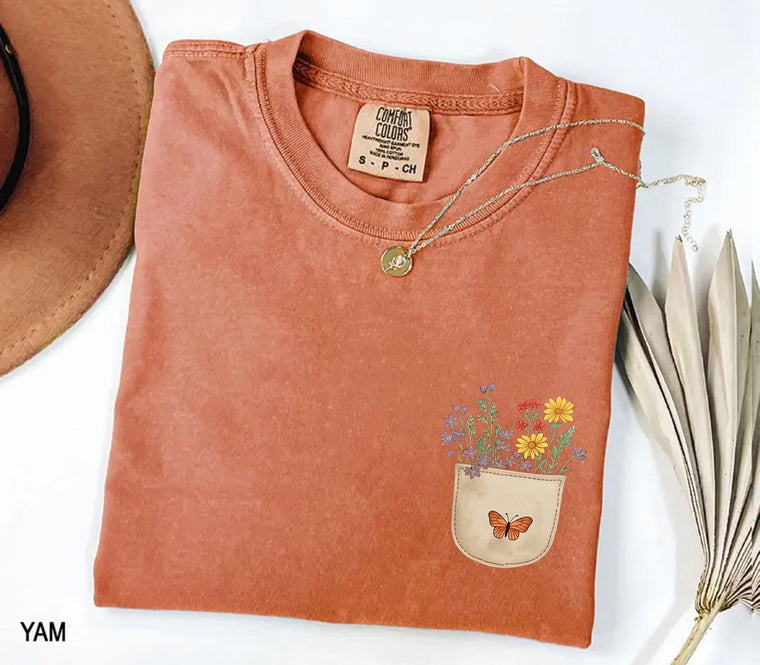 Wildflower Pocket T-Shirt for Women, Floral Botanical Tee, Nature Lover Gift, Relaxed Fit Spring Summer Outfit Aesthetic