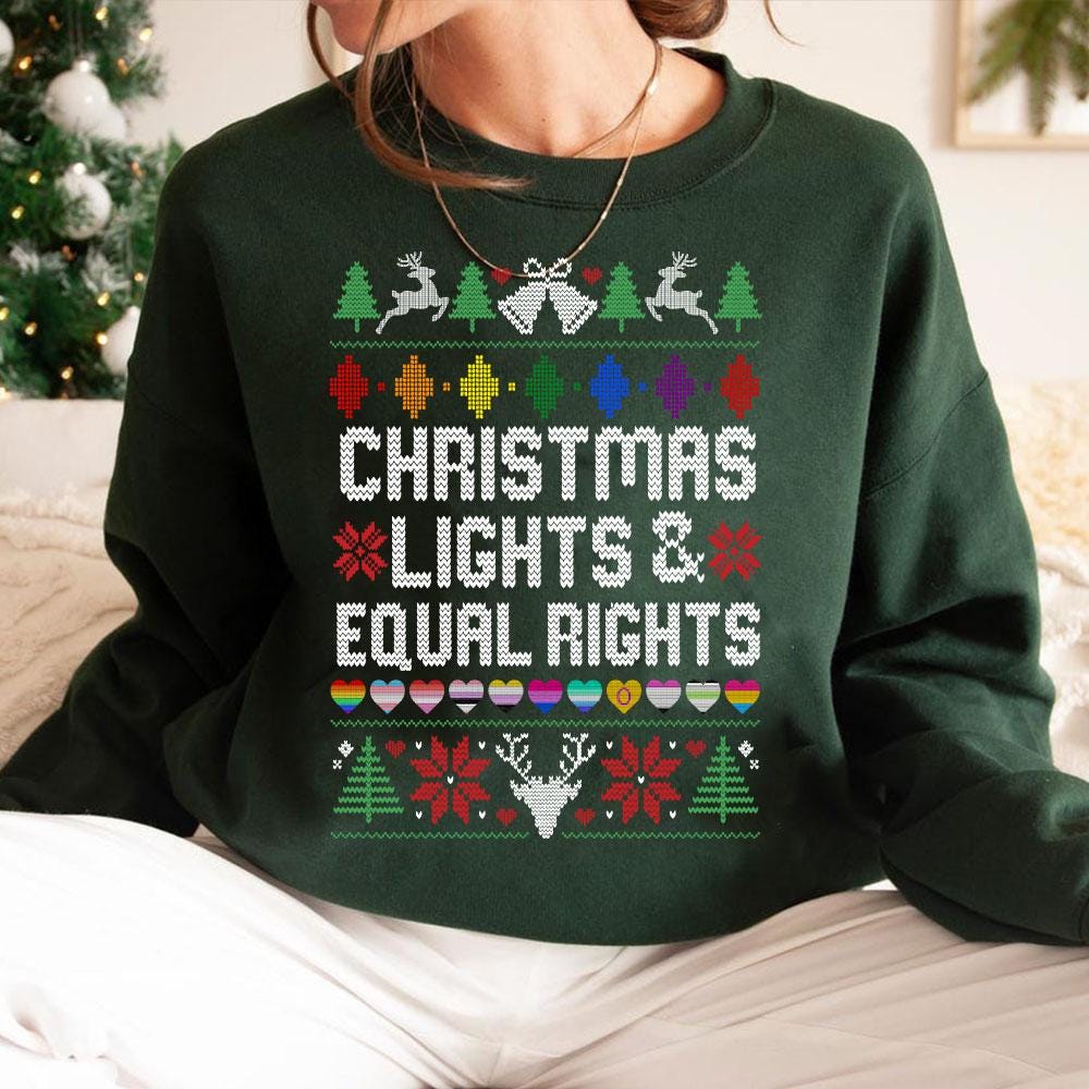 Christmas Lights & Equal Rights Gildan 18000 Ugly Sweatshirt: LGBT Feminist Pride Tee for Women - Perfect Holiday Gift, Cozy Printify Choice, Viral Winter Outfit