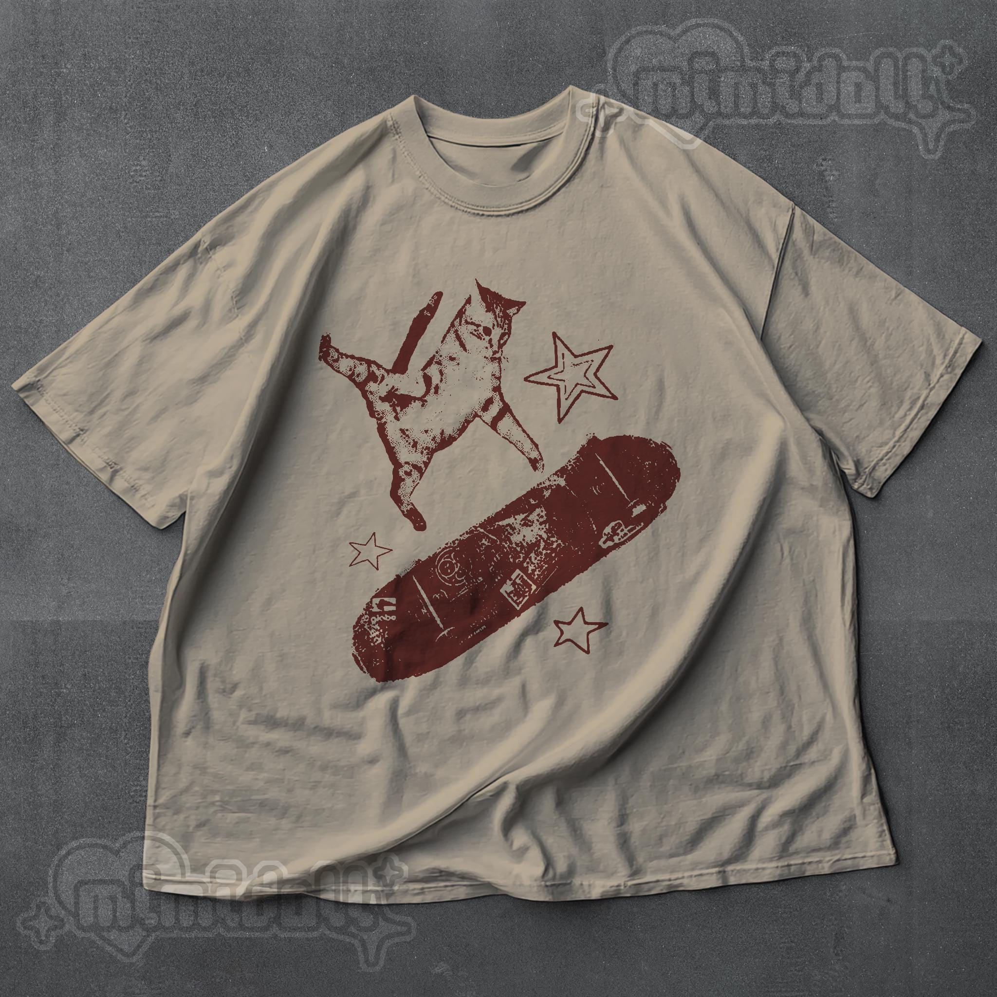 Skateboard Cat Y2K Shirt, 90s Aesthetic Vintage Kitten Tee, Retro Grunge Rockstar GF Skater Mori Kei Top for Women, Oversized Cotton Gift