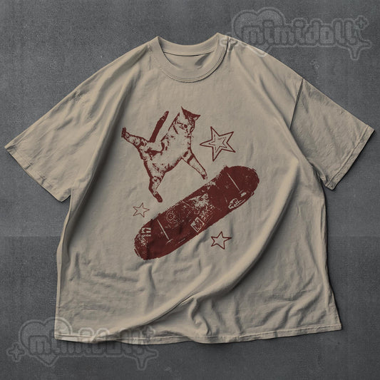 Skateboard Cat Y2K Shirt, 90s Aesthetic Vintage Kitten Tee, Retro Grunge Rockstar GF Skater Mori Kei Top for Women, Oversized Cotton Gift