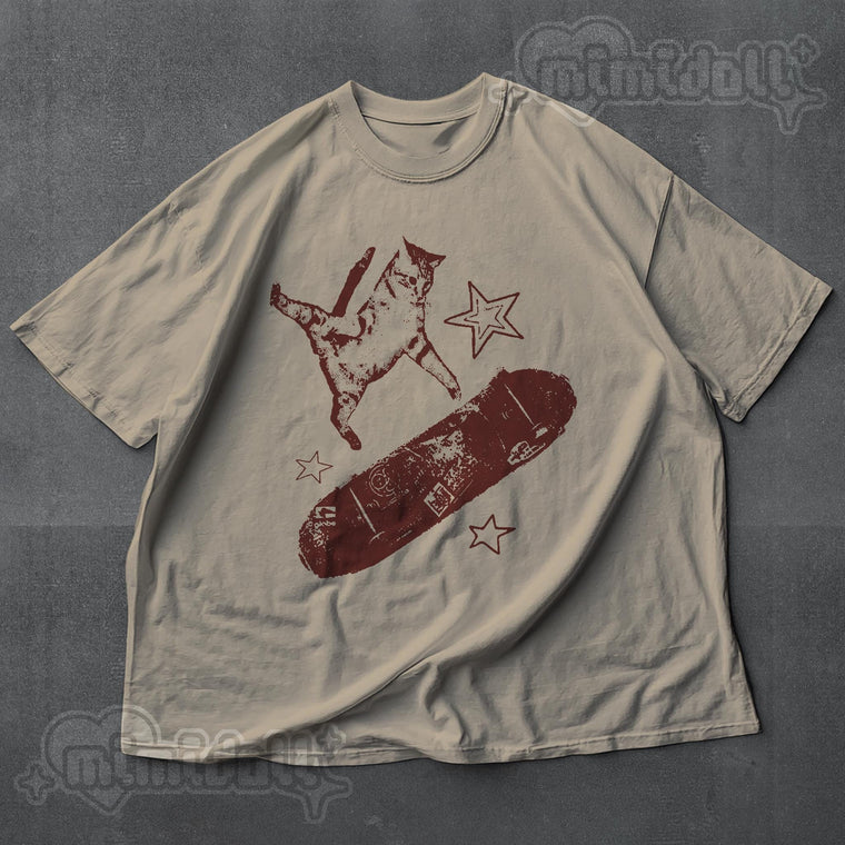 Skateboard Cat Y2K Shirt, 90s Aesthetic Vintage Kitten Tee, Retro Grunge Rockstar GF Skater Mori Kei Top for Women, Oversized Cotton Gift