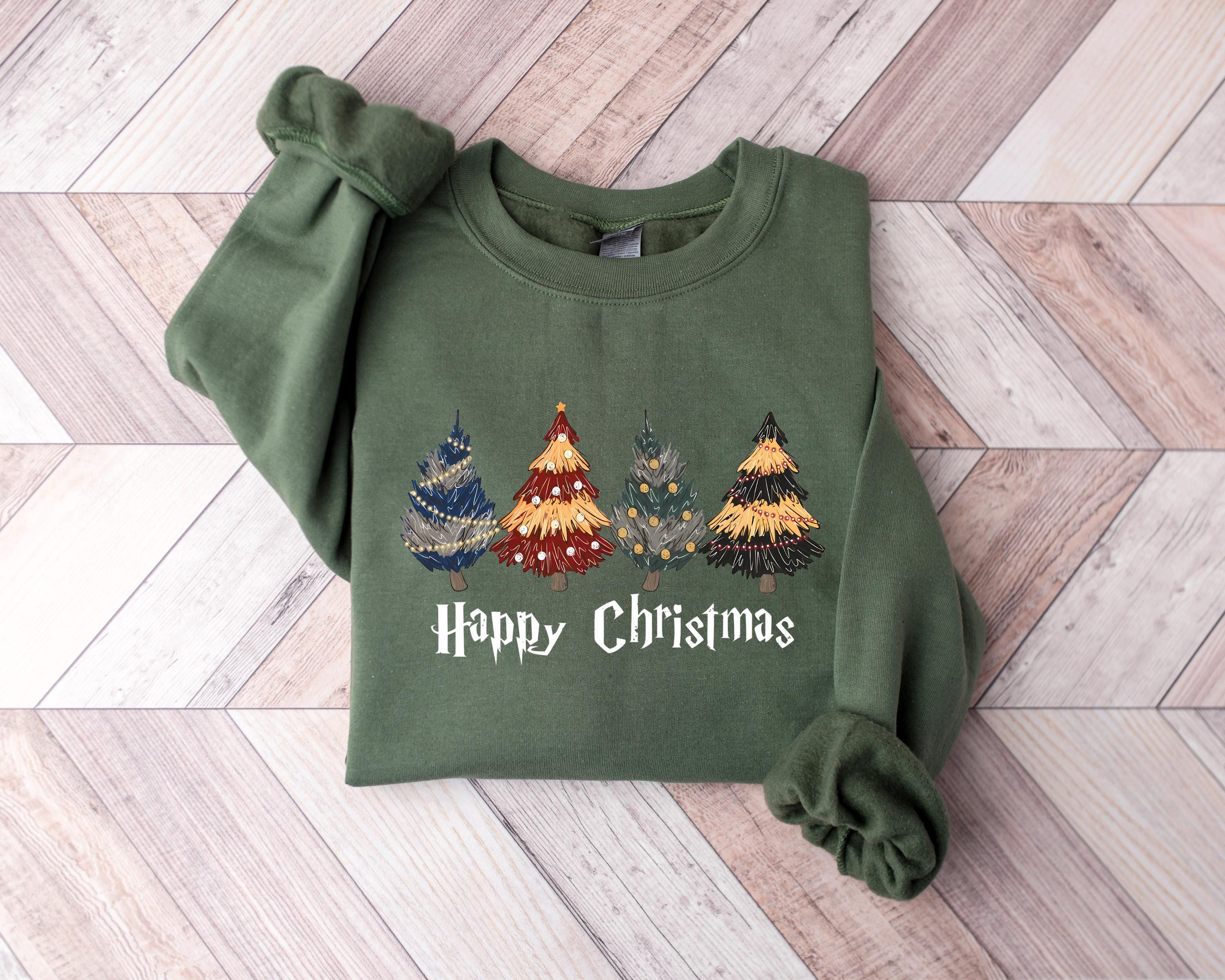 Gildan 18000 Christmas Tree Shirt for Women - Cozy Printify Choice Wizard Houses Sweatshirt, Perfect Happy Christmas Gift, Magical Pine Trees Aesthetic Outfit