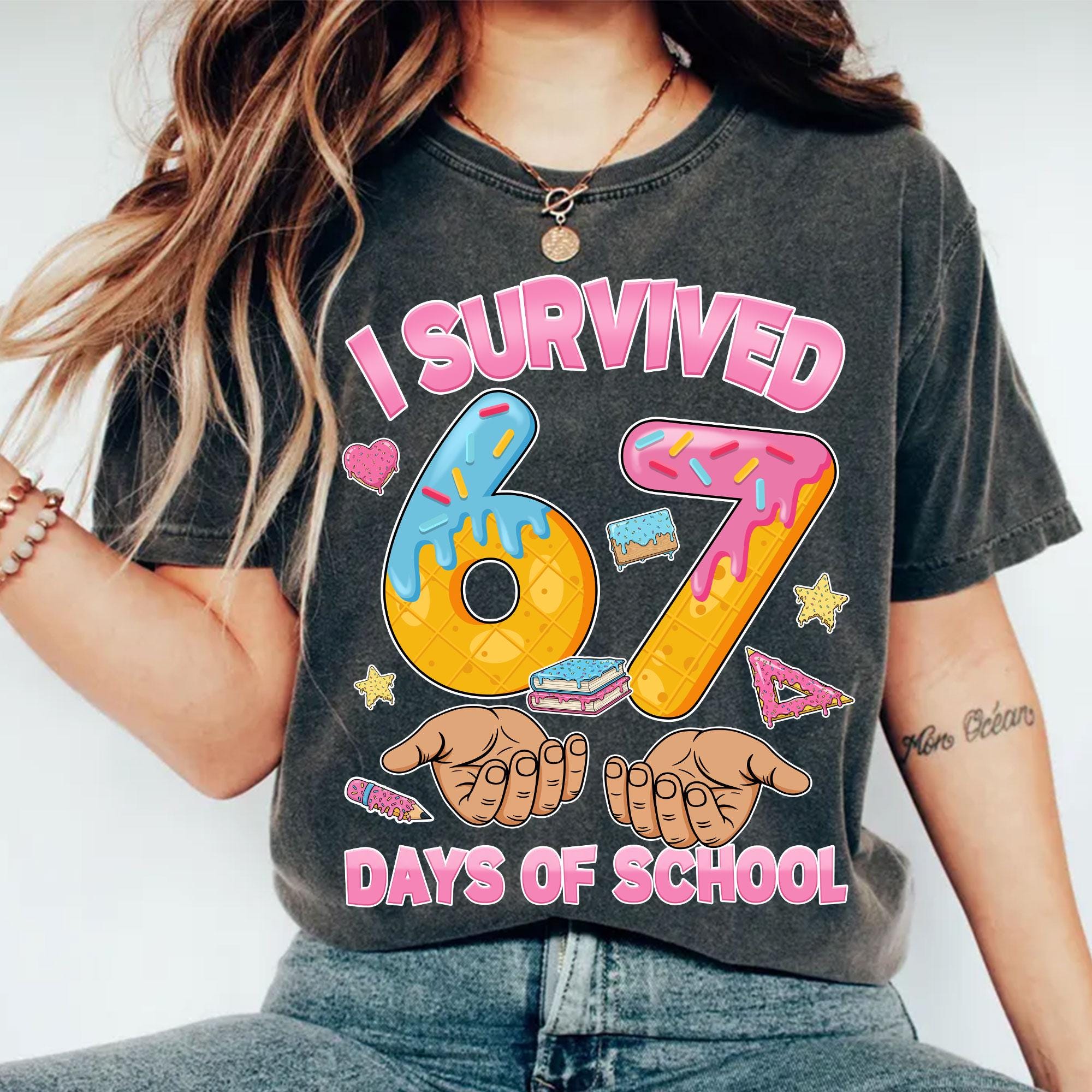 Comfort Colors® 1717 Unisex Garment-Dyed T-shirt, I Survived 67 Days of School Shirt, Funny Teacher Student Humor Tee, Perfect Gift for Men and Women, Casual Ice Cream Meme Outfit