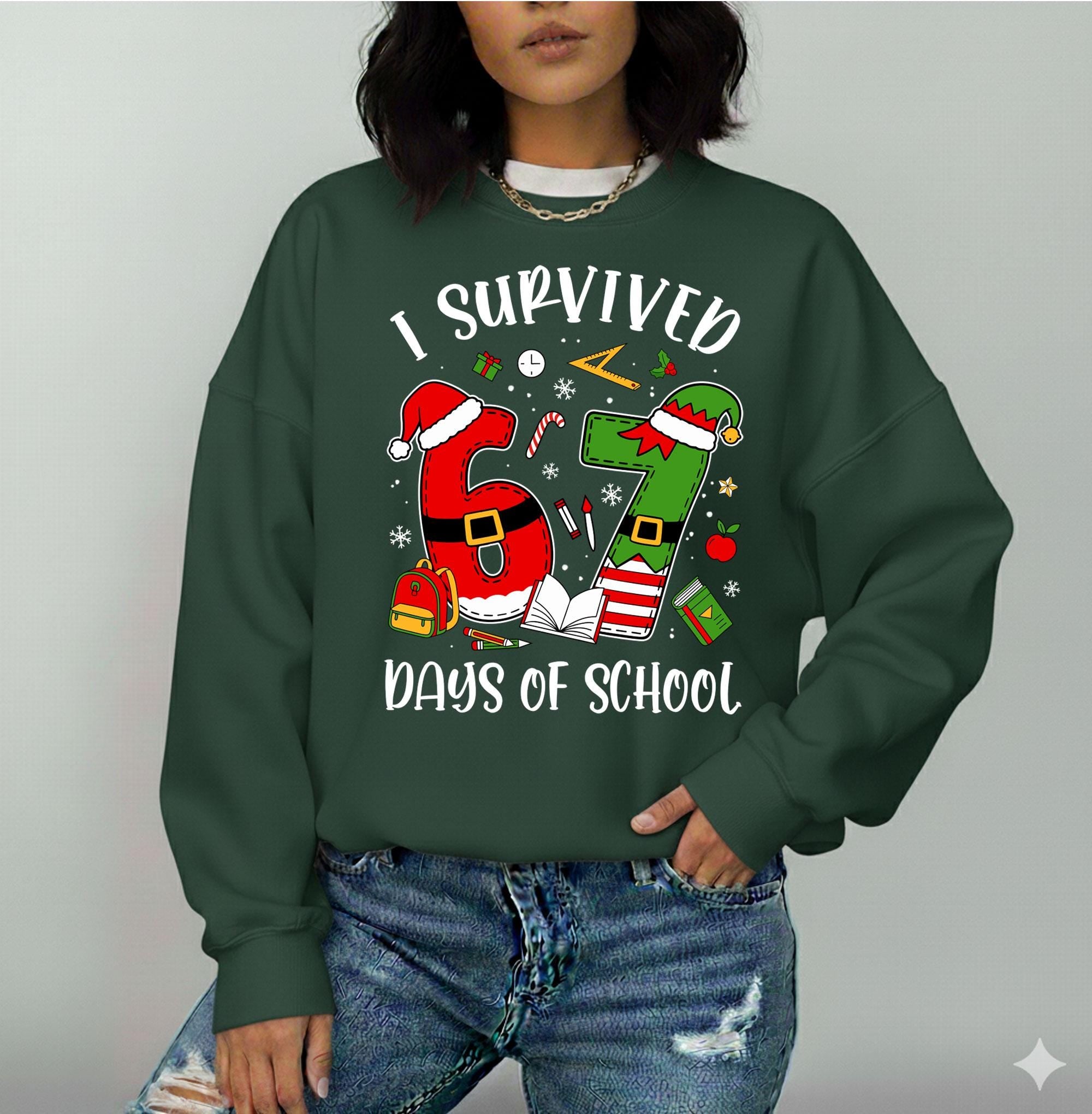 Comfort Colors® I Survived 67 Days Shirt, Gildan 18000 Crewneck, Teacher Gift, Cozy Unisex Sweatshirt, Christmas Aesthetic, Printify Choice