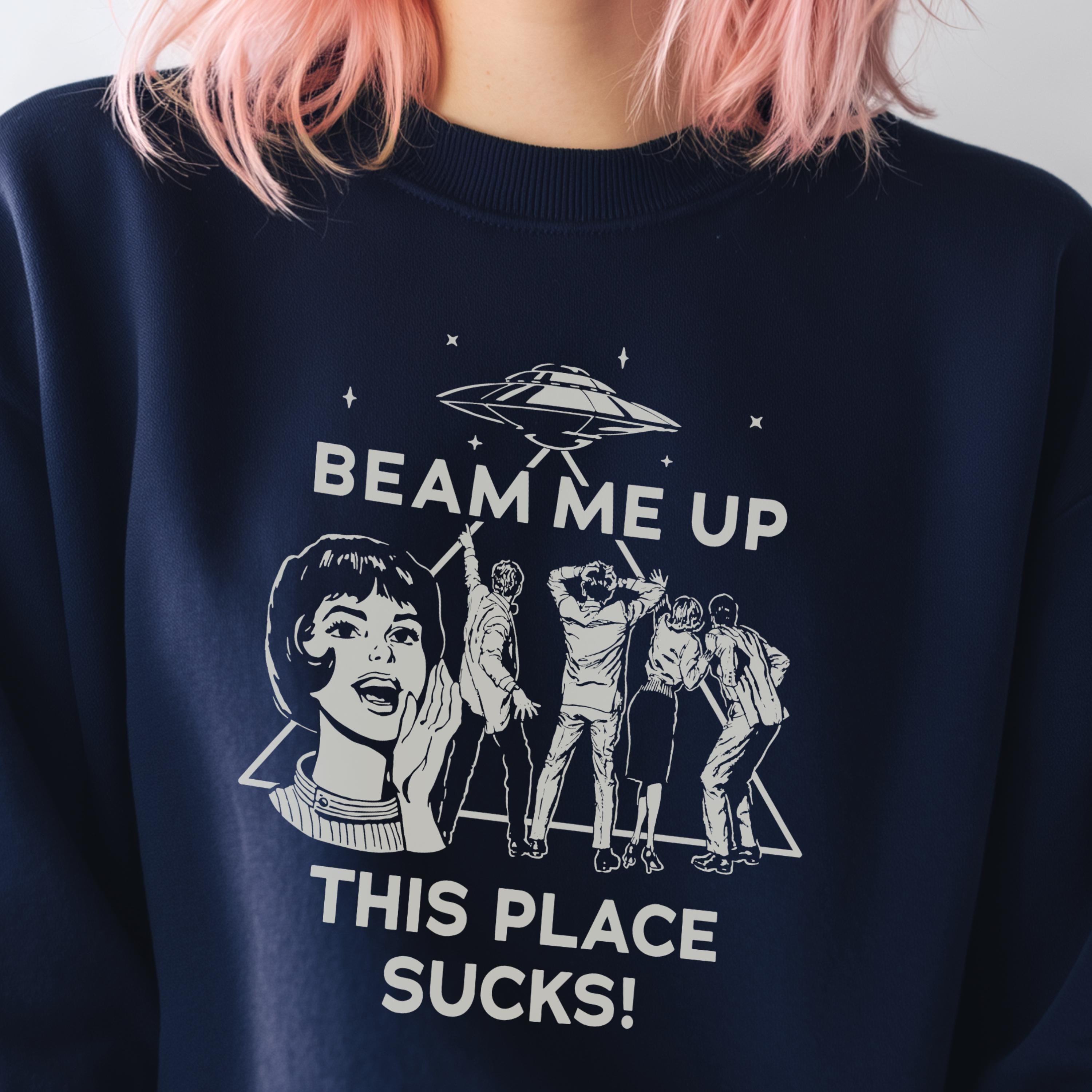 Beam Me Up Crewneck Comfort Colors® 1566 Unisex UFO Sweatshirt, Retro Aesthetic Gift for Women & Men, Garment-Dyed for Cozy Fall Outfits