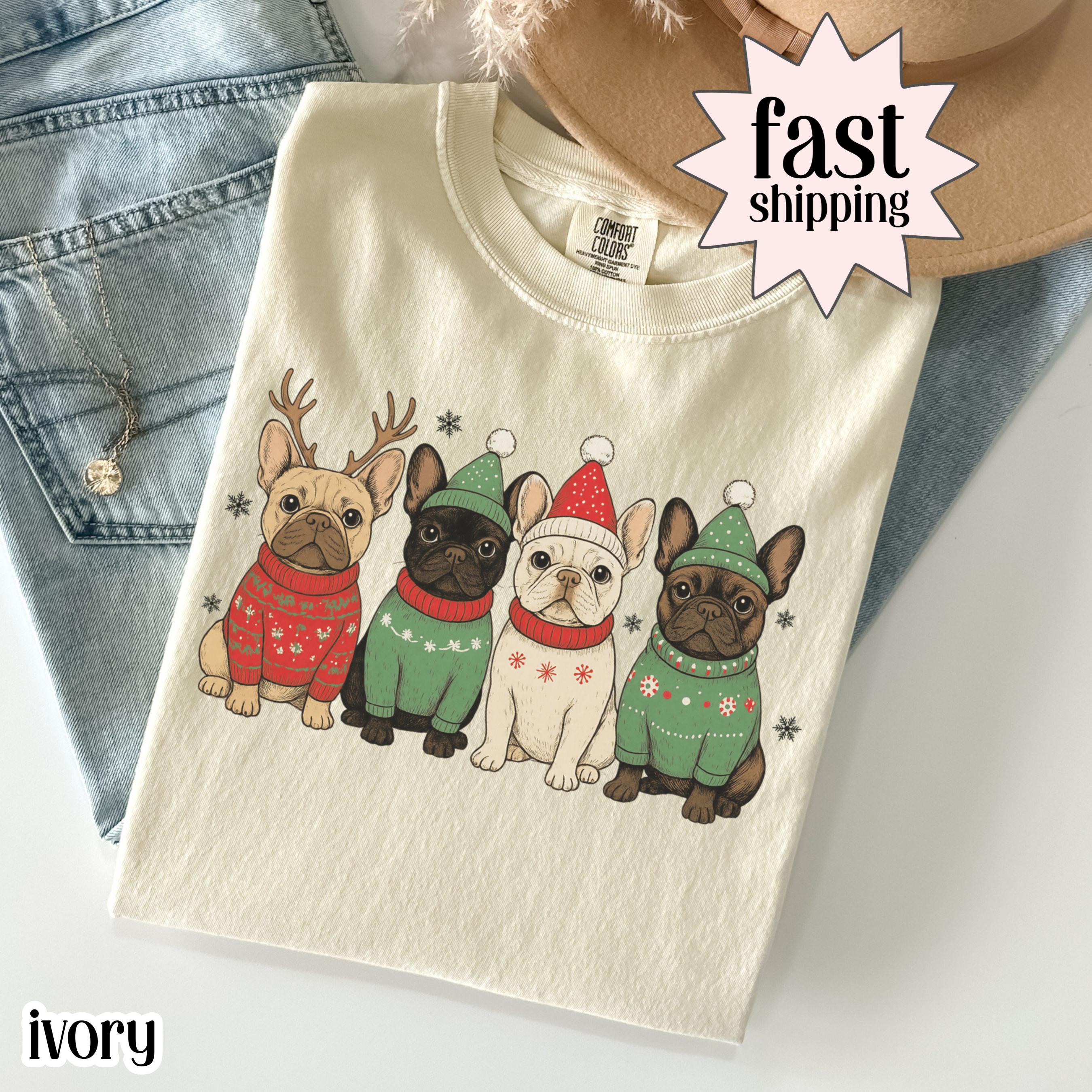 Comfort Colors® 1717 Christmas Dog Shirt - Unisex Garment-Dyed French Bulldog Holiday Tee, Cute Santa Snow Frenchie Lover T-Shirt, Perfect Gift for Dog Lovers, Cozy Xmas Outfit for Men & Women