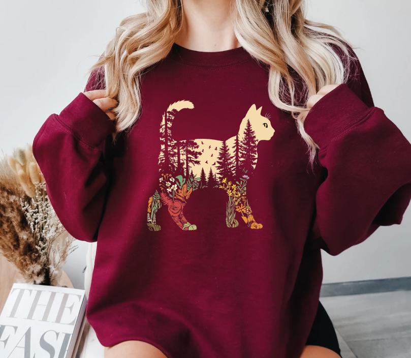Boho Cat Plants Sweatshirt for Women - Gildan 18000, Cozy Gift for Cat Lovers, Aesthetic Nature Sweater, Perfect for Christmas and Winter