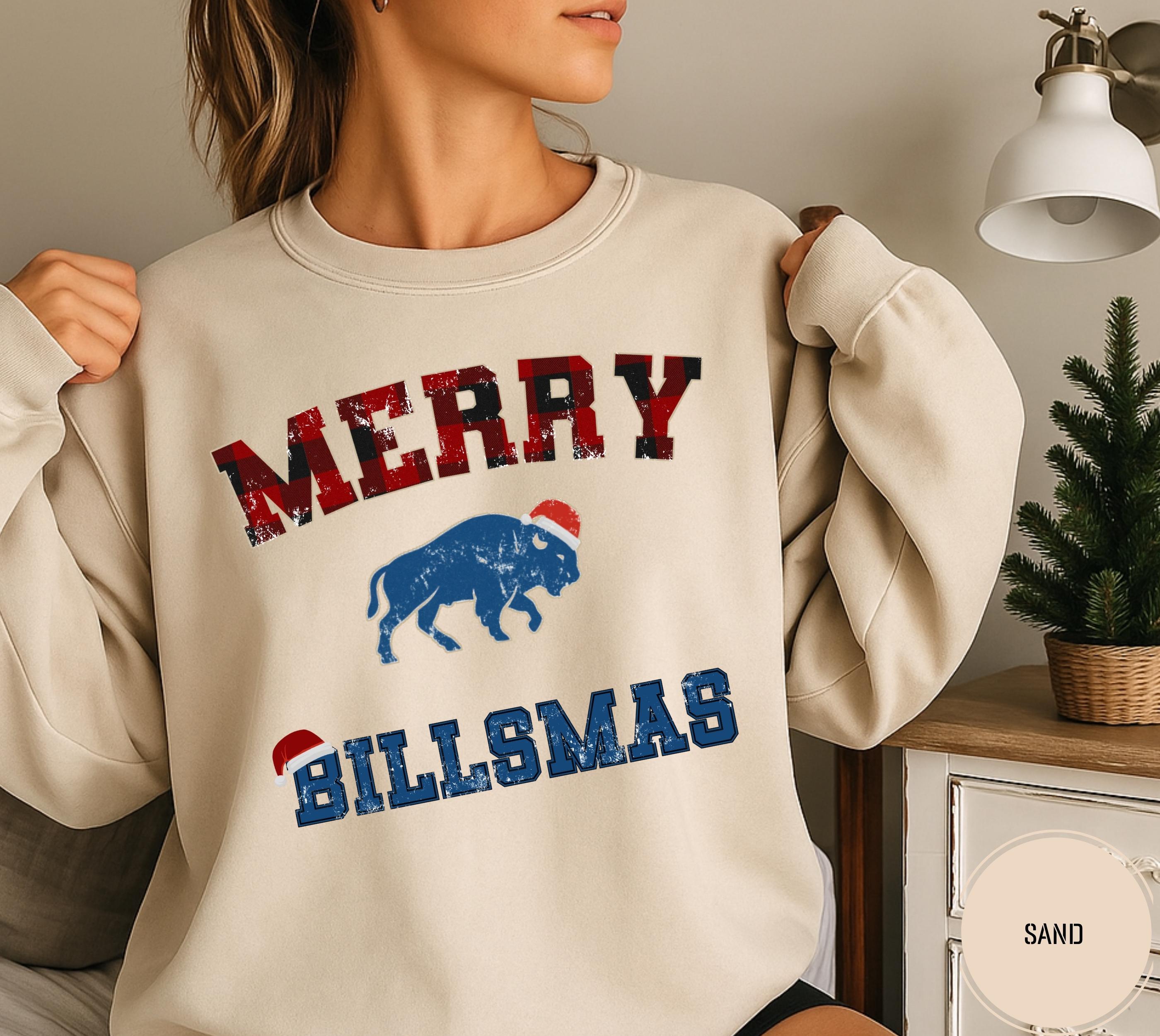 Comfort Colors® 1566 Unisex Garment-Dyed Merry Billmas Sweater, Christmas Buffalo Football Sweatshirt, Perfect Gameday Gift for Bills Fans, Cozy Santa Shirt for Men & Women, Stylish Buffalo Wear for the Holiday Season