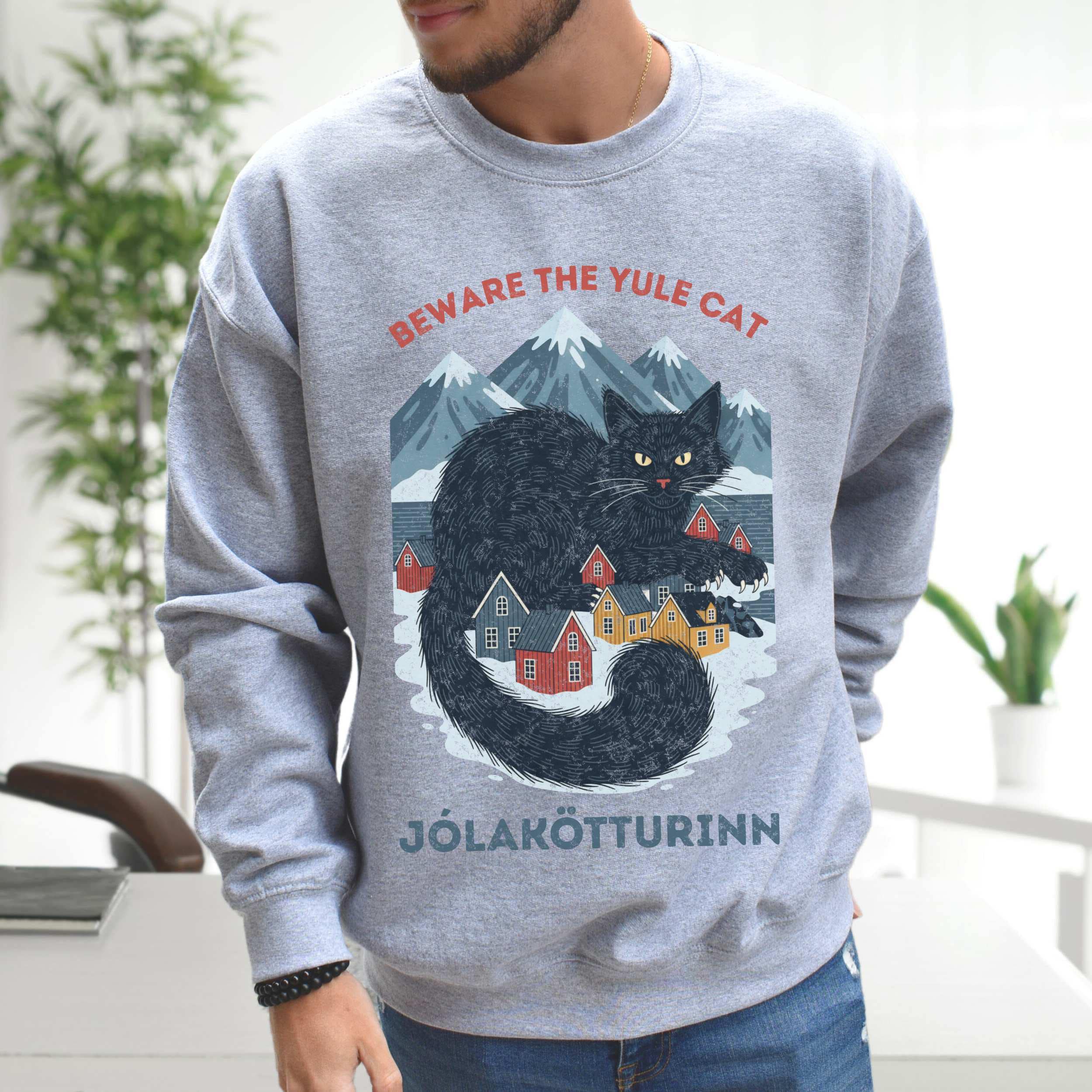 Distressed Yule Cat Shirt Cozy Gildan 18000 Sweatshirt Vintage Icelandic Christmas Aesthetic Unisex Gift for Cat Lovers