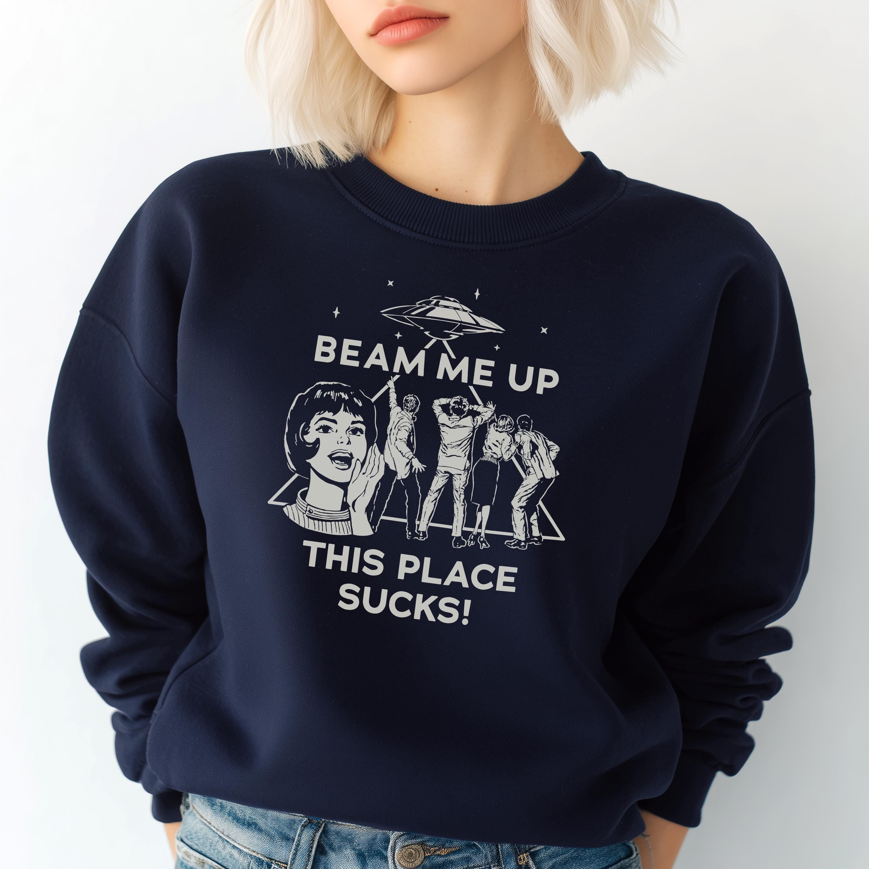 Beam Me Up Crewneck Comfort Colors® 1566 Unisex UFO Sweatshirt, Retro Aesthetic Gift for Women & Men, Garment-Dyed for Cozy Fall Outfits
