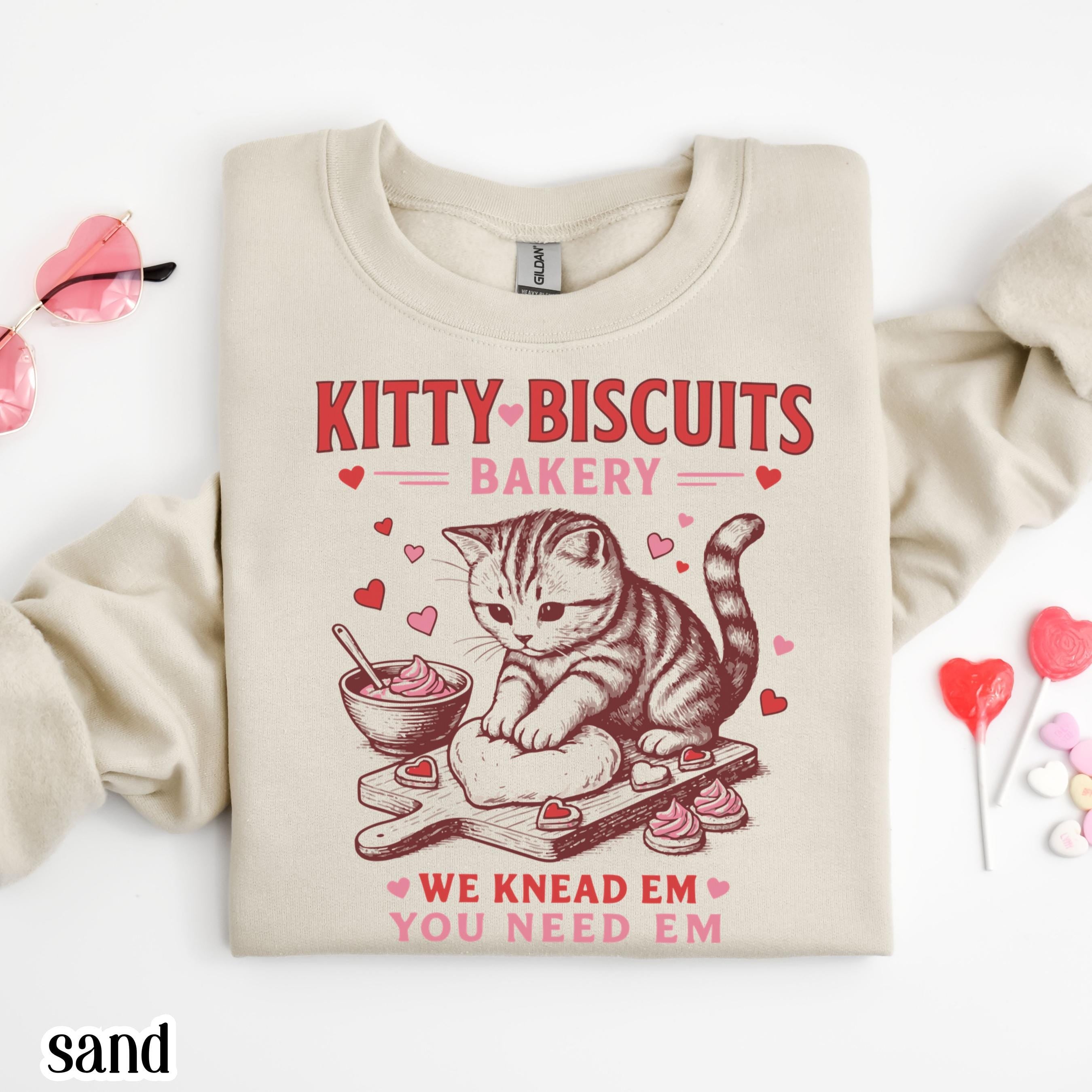 ✨ Valentines Cat Lover Gildan 18000 Sweatshirt for Women ✨ Funny Vday Gift, Cute Kitty Bakery Crewneck, Cozy Printify Choice Pullover