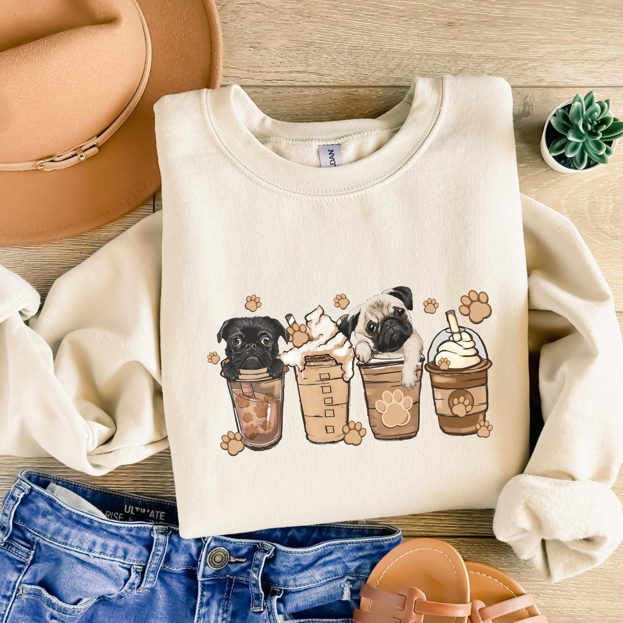 ✨Gildan 18000 Cute Pug Coffee Sweatshirt for Women✨ Cozy Unisex Gift, Trendy Animal Coffee Lover Shirt, Printify Choice