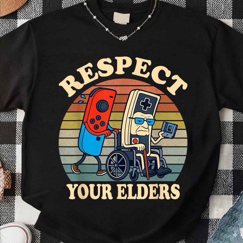 Respect Your Elders Shirt - Gildan 5000 Unisex Heavy Cotton Tee, Retro Gaming Gift for Gamers, Funny 80s Controller Shirt, Printify Choice