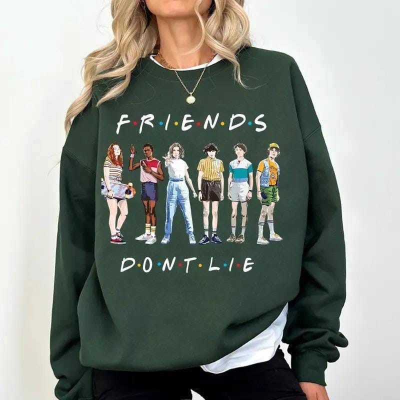 Friends Don't Lie Comfort Colors® Sweatshirt, Unisex 80s Retro Sci-Fi Christmas Gift, Hawkins Vintage Cartoon Style, Perfect for Men & Women