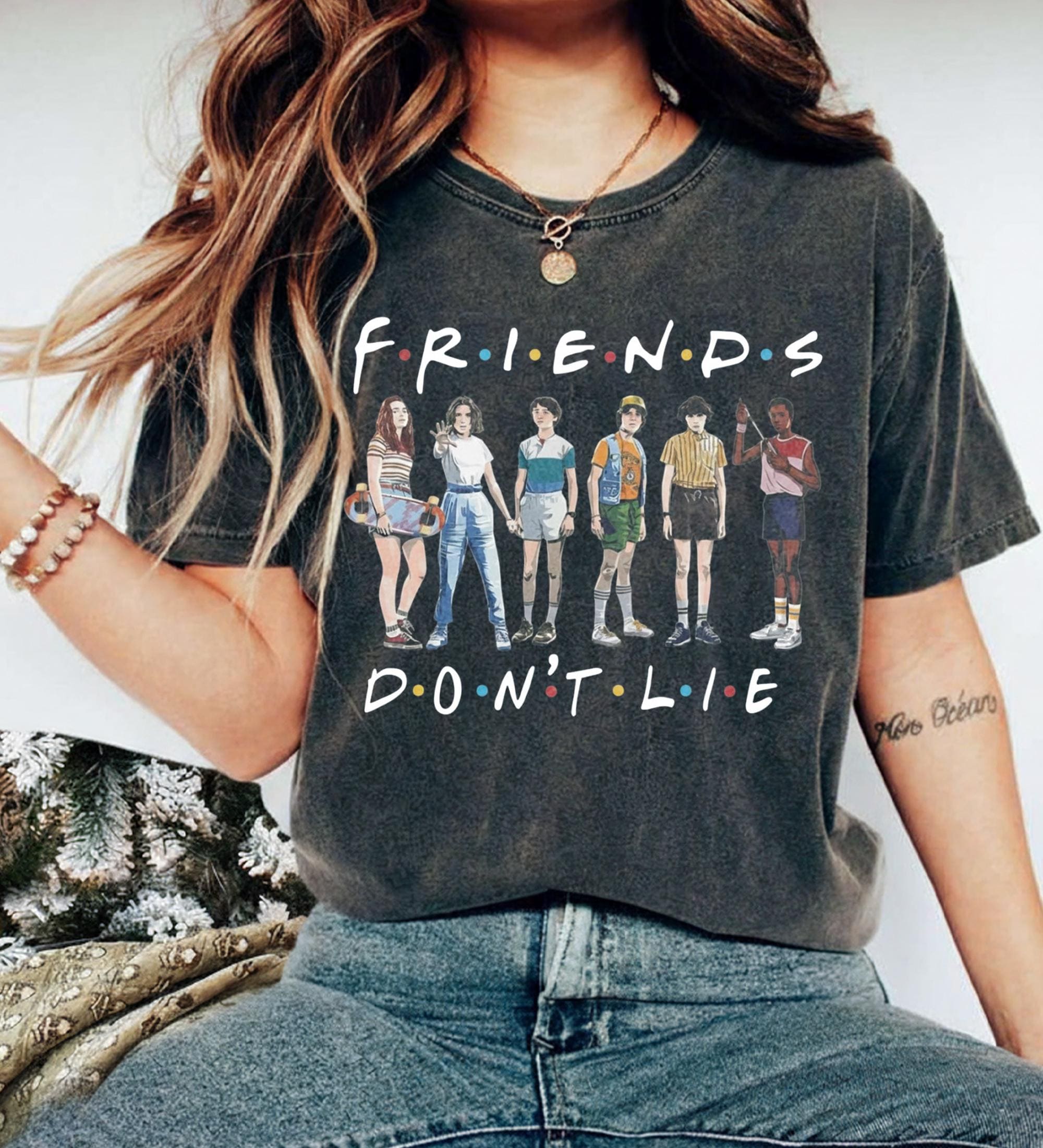 Retro 90s Friends Don't Lie Shirt, Gildan 18000 Stranger Christmas Sweatshirt - Cozy Unisex Gift, Printify Choice for Women & Men