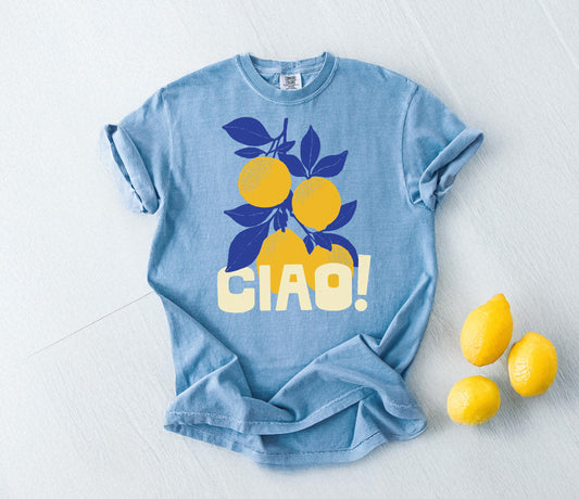 Ciao Italian Lemons Comfort Colors T-Shirt, garment-dyed relaxed unisex lemon tee summer vacation outfit, Italian inspired gift for women men