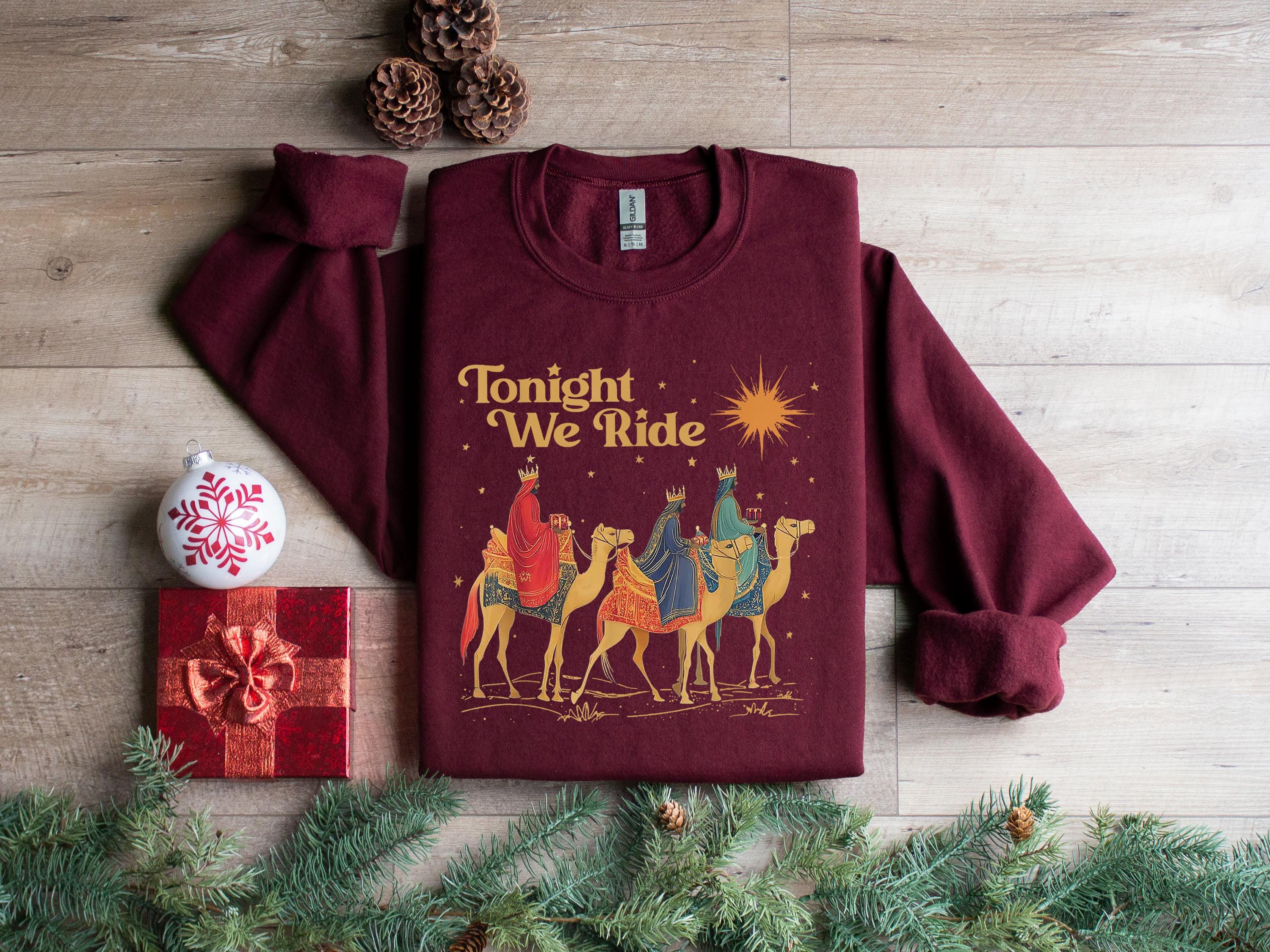 Retro Tonight We Ride Christmas Christian Sweatshirt, Gildan 18000, Cozy Faith Gift for Men & Women, Printify Choice Xmas Outfit