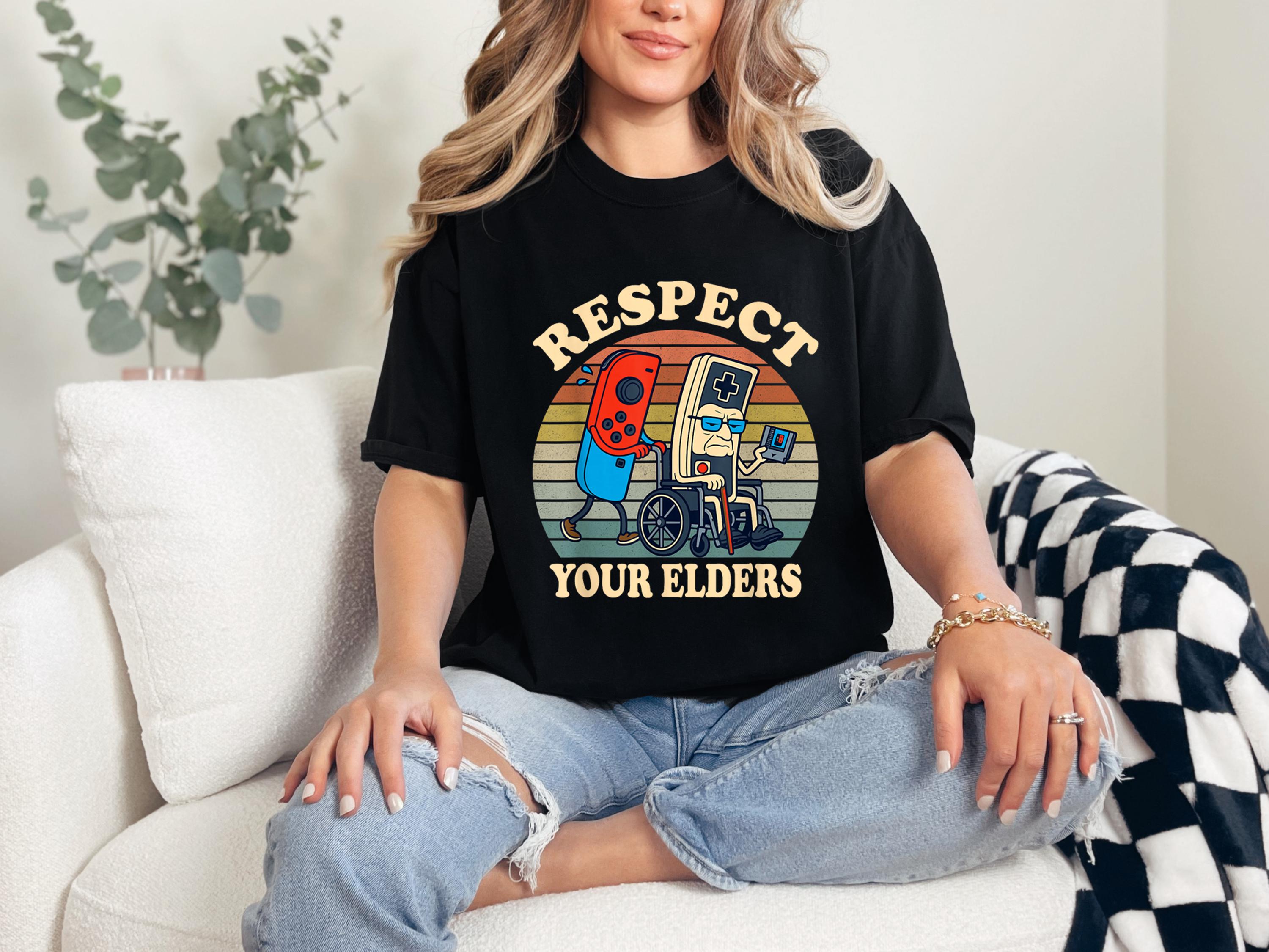 Respect Your Elders Shirt - Gildan 5000 Unisex Heavy Cotton Tee, Retro Gaming Gift for Gamers, Funny 80s Controller Shirt, Printify Choice