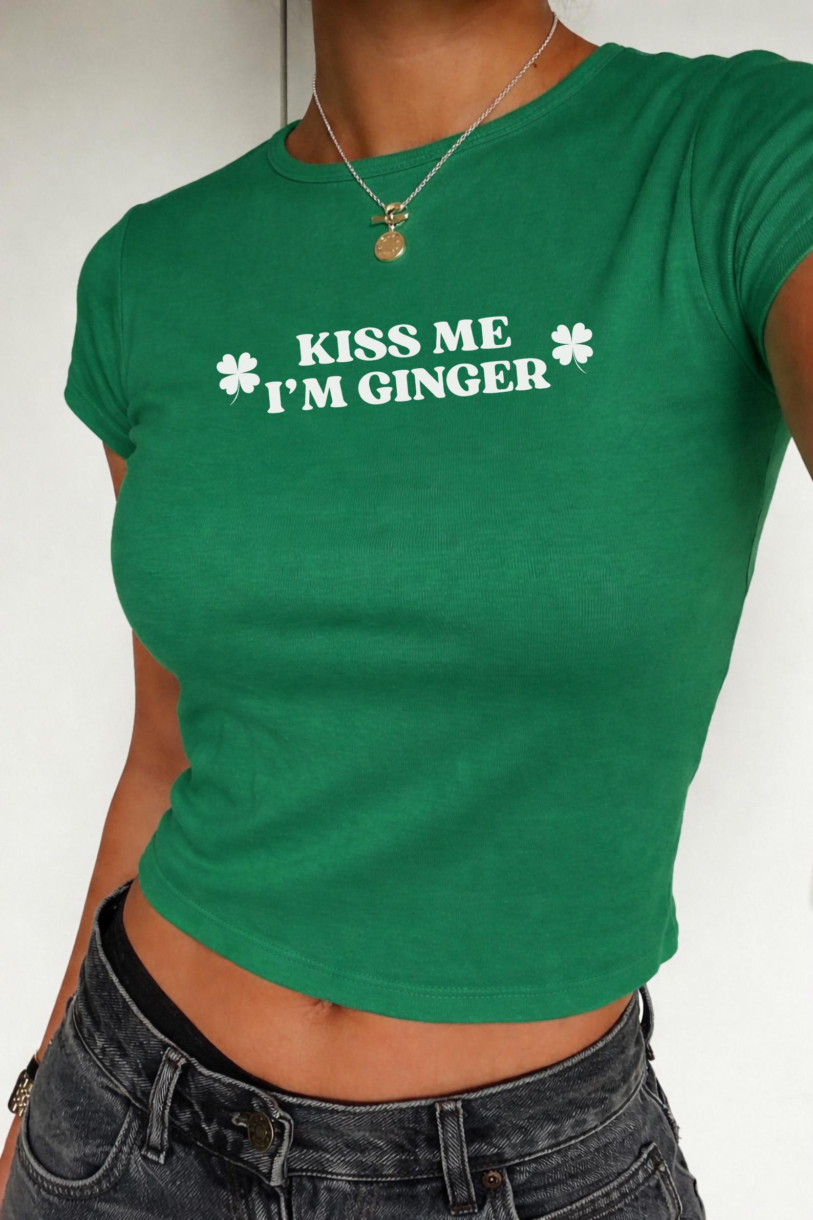 Kiss Me I'm Ginger St Patrick's Day Baby Tee Y2K Crop Top for Women or Kids Heavy Cotton Tee, Retro Irish Shirt, Lucky Girl Outfit Gift Spring