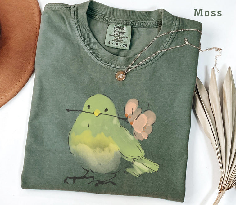 Cute Bird With Flower T-Shirt Comfort Colors Vintage Tee, Soft Unisex Relaxed Fit for Women Men, Spring Aesthetic Nature Lover Gift Outfit