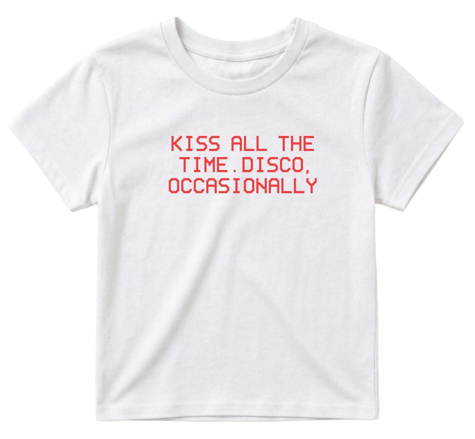 Kiss All The Time Disco Occasionally Baby Tee Top, Unisex Red Text T-Shirt for Women Men Couples, Tour Concert Summer Outfit, Aesthetic Gift