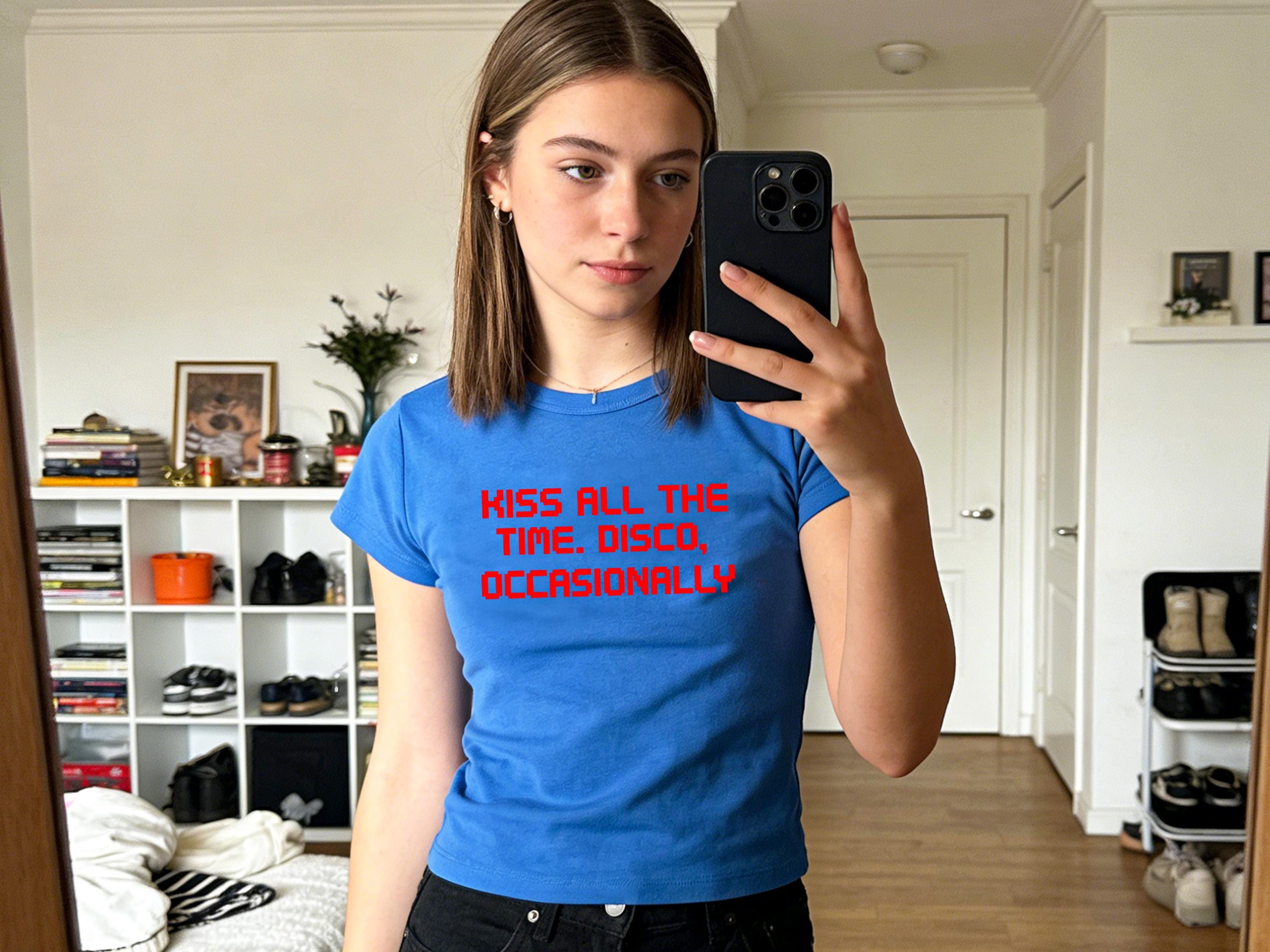 Kiss All The Time Disco Occasionally Baby Tee, Unisex Red Text Top for Women, Concert Merch Aesthetic Shirt, Cute Gift for Her, Summer Outfit