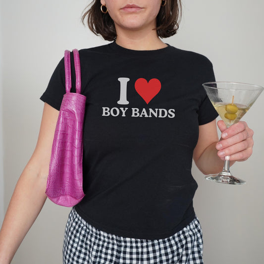 I Love Boy Bands Baby Tee for Women, Viral Y2K Fitted Crop Concert Tour Shirt, Summer Festival Rave Outfit, Music Lover Gift, K-Pop Brothers Aesthetic