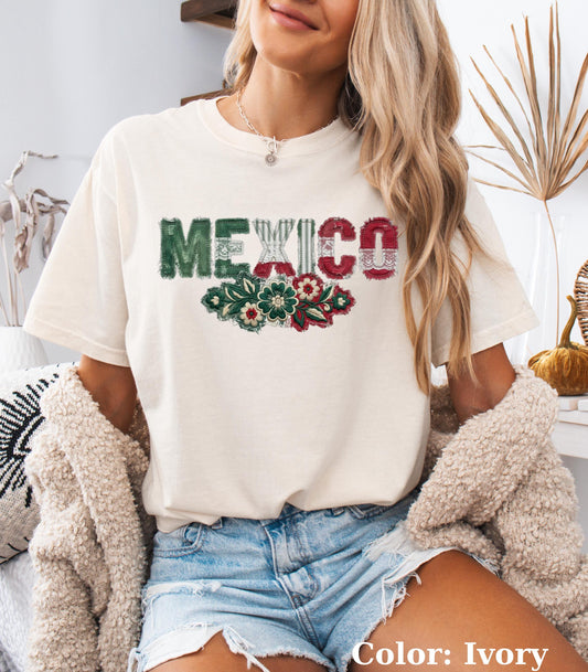 Mexico Faux Patchwork Floral Tee, Vintage Retro Boho Soccer Fan Top, Mexican Pride Shirt Gift, Unisex Soft Cotton, Game Day Summer Outfit