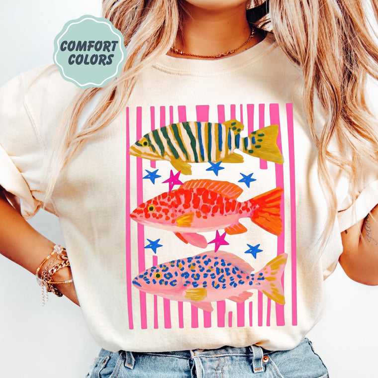 Comfort Colors Fish Shirt Summer Boho Tee, Coastal Beach T-Shirt, Tropical Retro Ocean Life Aesthetic, 100% Cotton Relaxed Fit, Gift for Women & Men