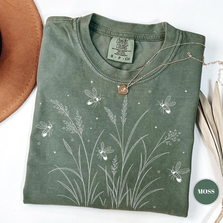 Firefly Wildflower Cotton T-Shirt, Cottagecore Boho Botanical Tee, Vintage Garden Aesthetic Outfit, Nature Lover Gift for Women, spring summer
