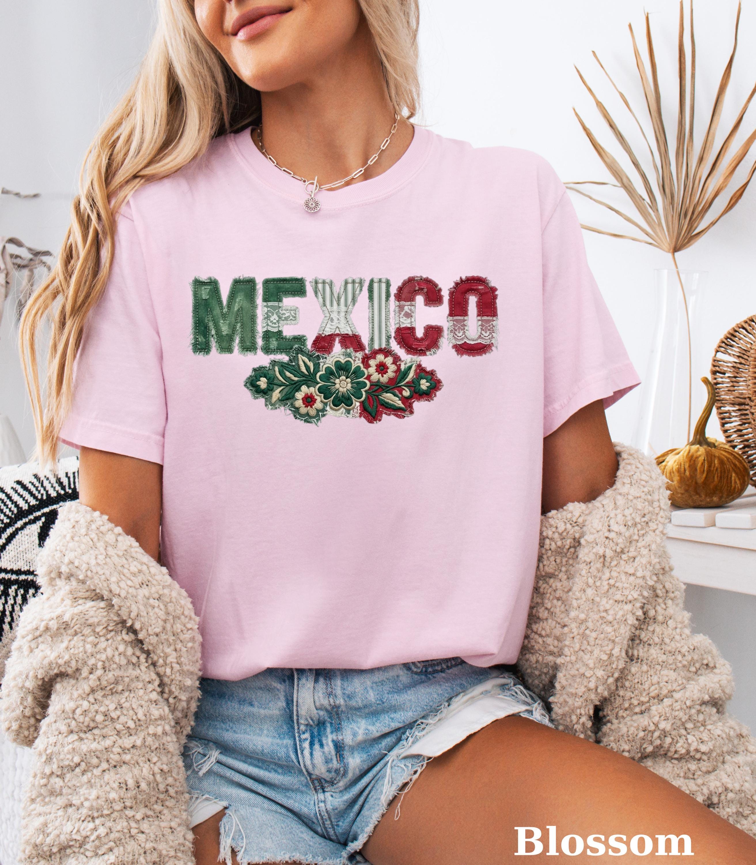 Mexico Faux Patchwork Floral Tee, Vintage Retro Boho Soccer Fan Top, Mexican Pride Shirt Gift, Unisex Soft Cotton, Game Day Summer Outfit