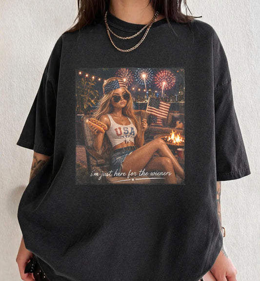 I'm Just Here For the Wieners Comfort Colors Shirt, Funny Doll Face 4th of July Outfit, Hotdogs Independence Day Humor Tee, Unisex Cotton Summer Gift