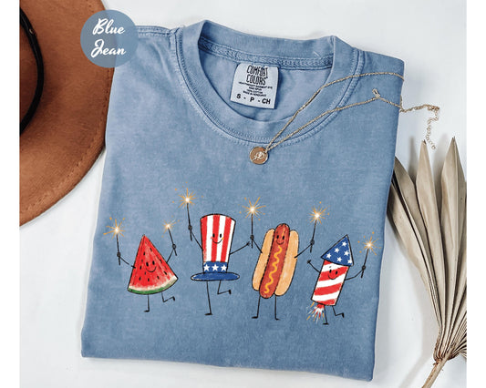 Patriotic Doodle Fourth of July Cotton Tee, Retro American Watermelon Hotdog Firework Shirt, Funny Summer 250th Gift, Unisex for women men outfit