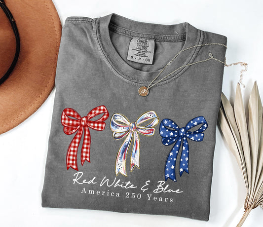 Preppy Coquette Red White Blue Bow Tee, Floral Patriotic 4th of July Top, America 250 Years Independence Day Crewneck, Soft Aesthetic for Women