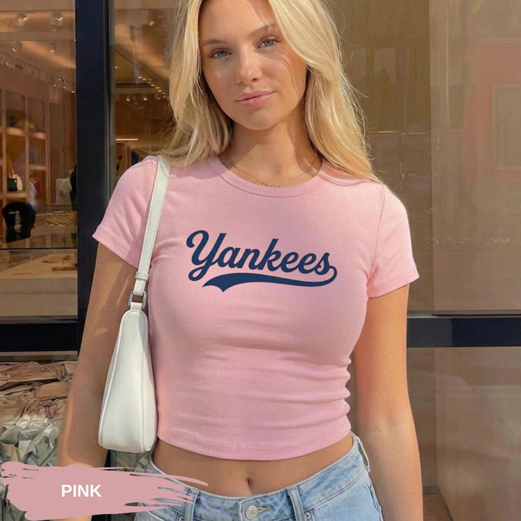 Pink NY Baseball Baby Tee, Women's Fitted Crop Top Fan Shirt, Aesthetic Game Day Outfit, Cute Gift for Women