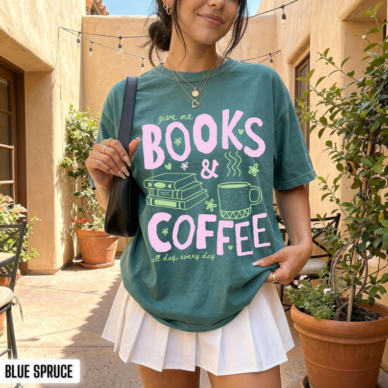 Books and Coffee Shirt Comfort Colors, Book Lover Tee, Cute Bookish Shirt, Library Reading Shirt, Coffee Lover Gift, Reader Gift, for Women, Cotton