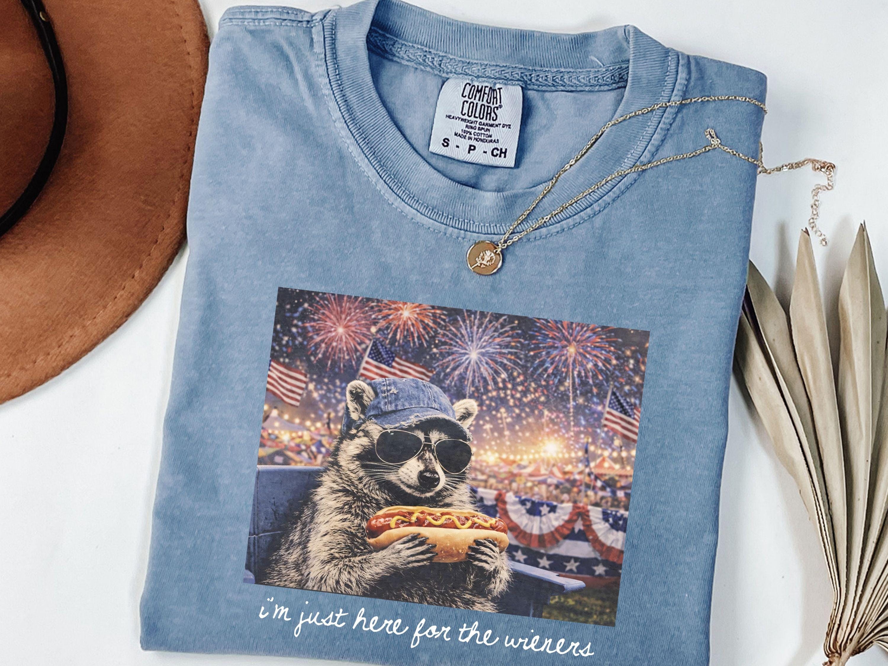 Just Here for the Wieners 4th of July Tee, Patriotic Raccoon Hot Dog Shirt, Unisex Garment-Dyed Cotton, Relaxed Fit Summer BBQ Outfit Gift