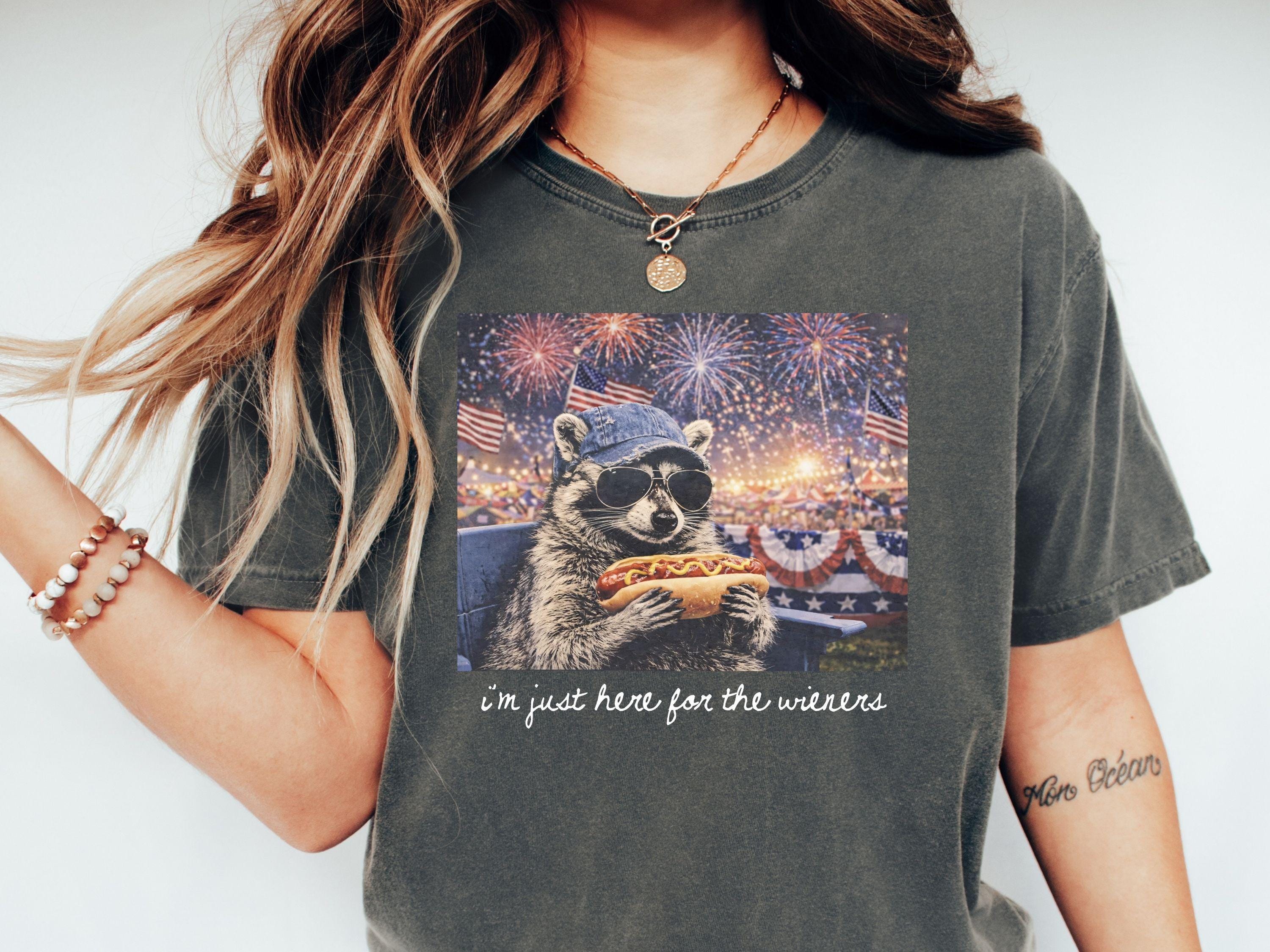 Just Here for the Wieners 4th of July Tee, Patriotic Raccoon Hot Dog Shirt, Unisex Garment-Dyed Cotton, Relaxed Fit Summer BBQ Outfit Gift