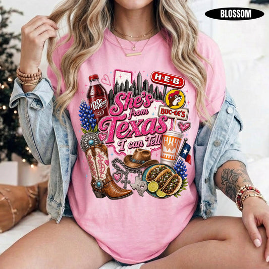 She's From Texas I Can Tell Shirt - Texas Native Southern Charm Cowgirl Tee for Women, Soft Cotton Relaxed Fit, Rodeo Outfit Gift, Summer Aesthetic
