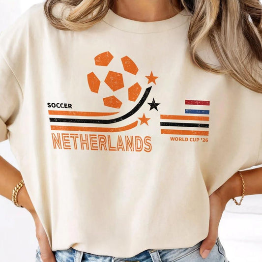 Retro Netherlands Soccer World 2026 Fan Shirt, garment-dyed cotton tee, unisex relaxed fit, game day outfit, Fathers Day gift